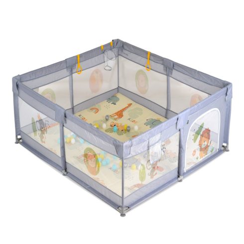 Moni Game Zone összecsukható járóka szőnyeggel, 60 labdával 120x120cm - Szürke
