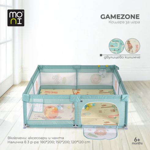 Moni Game Zone összecsukható járóka szőnyeggel, 60 labdával 150x200cm - Menta