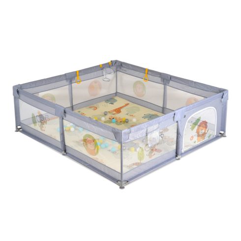 Moni Game Zone összecsukható járóka szőnyeggel, 60 labdával 150x200cm - Szürke 