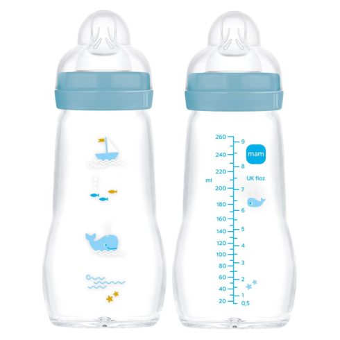 Mam  Feel Good 260ml  Premium üvegből készült cumisüveg Közepes átfolyás 2+ hó (kék bálna)