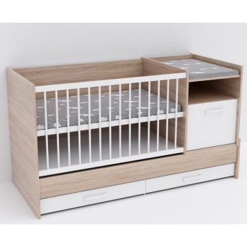   Baby Shop Basic – kombiágy (ágyneműtartóval) sonoma tölgy/bordázott fehér