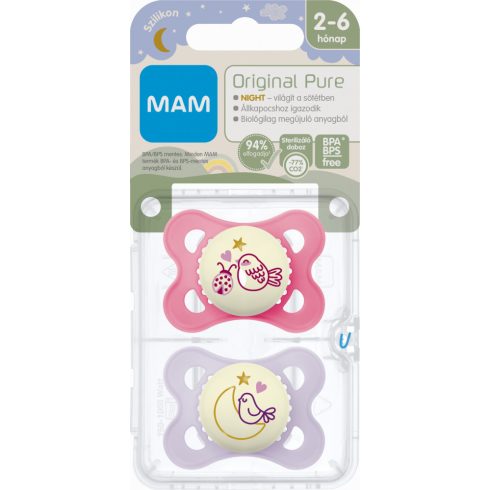 MAM Original Pure Night 2-6 hó nyugtató cumi 2 db-os - rózsaszín madár/lila madár