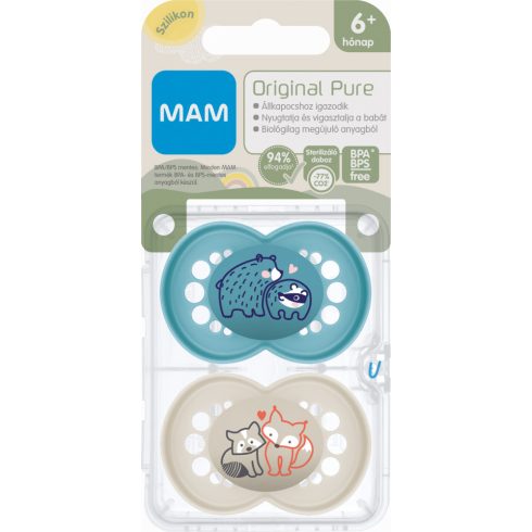 MAM Original Pure 6+ hó nyugtató cumi 2 db-os  - kék medve/bézs róka