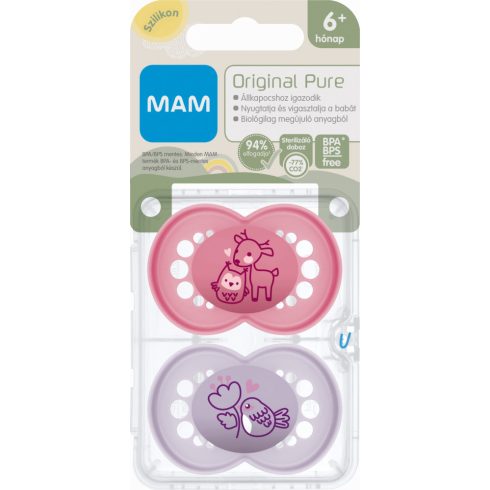 MAM Original Pure 6+ hó nyugtató cumi 2 db-os - rózsaszín bagoly/lila madár